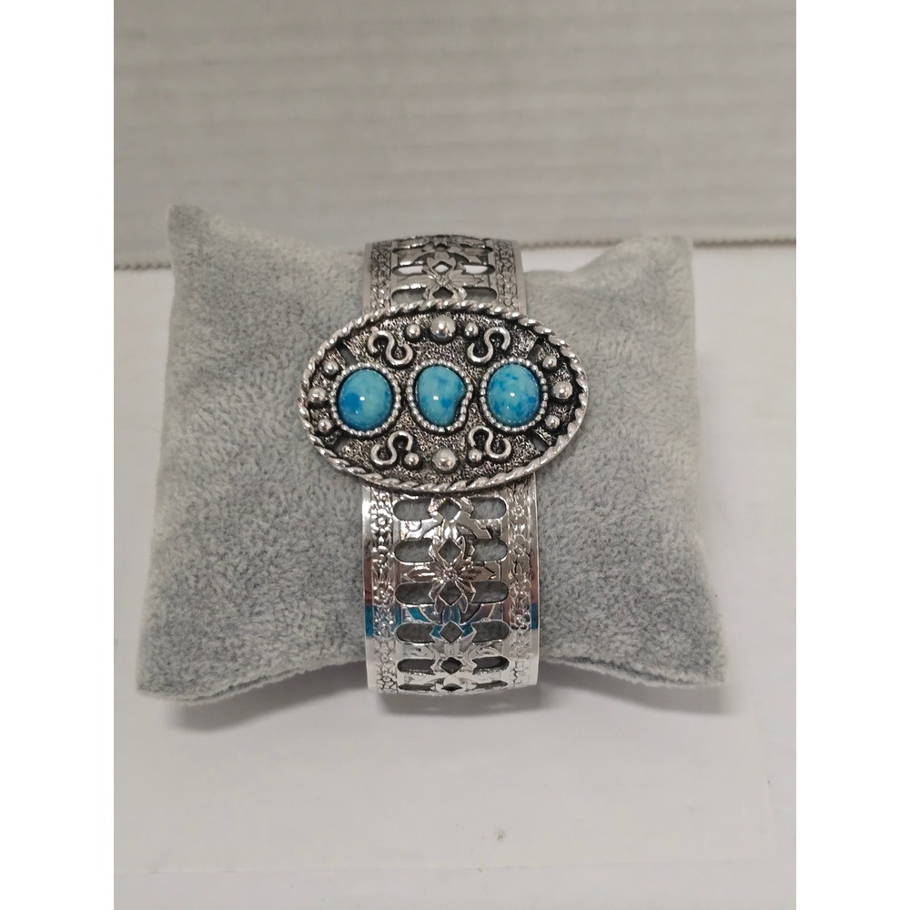 Vintage Silver Tone Faux Turquoise Filigree Cuff Bracelet Southwestern Boho